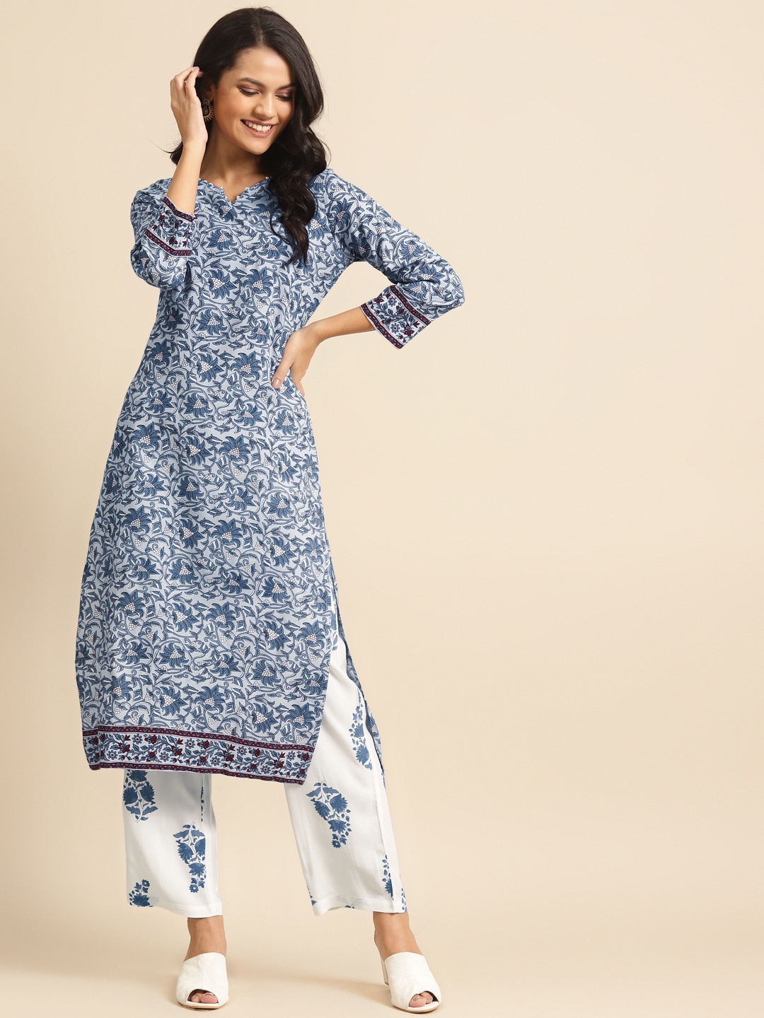 

Prakrti Women Blue & White Printed Kurta with Trousers