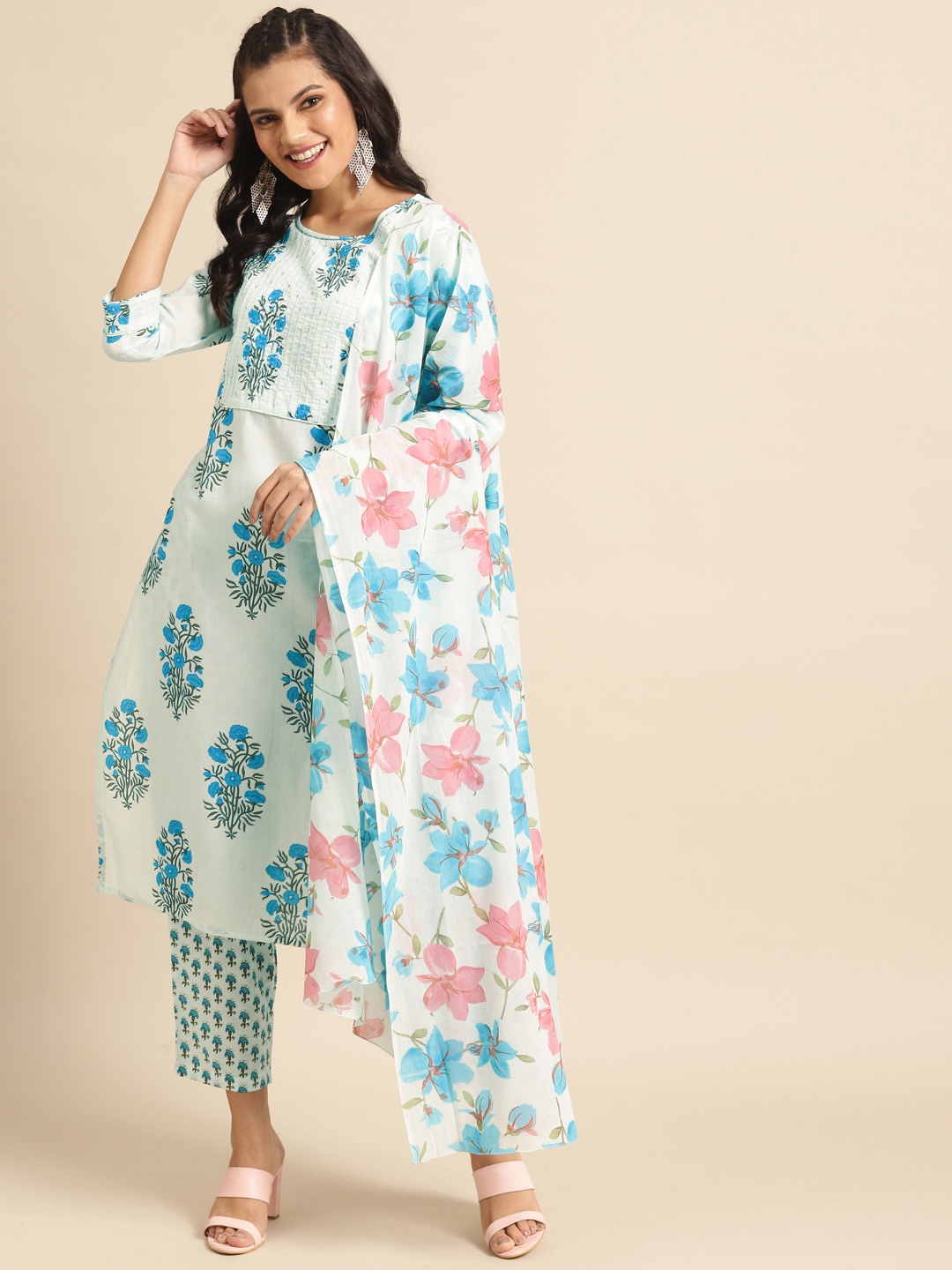 

Prakrti Women Blue & Green Printed Pure Cotton Kurta with Trousers & Dupatta