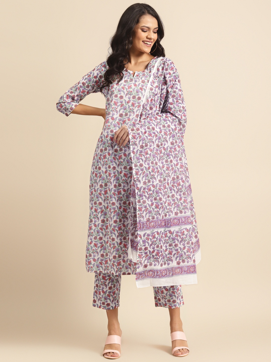 

Prakrti Women White & Lavender Hand Block Print Kurta with Trousers & Dupatta