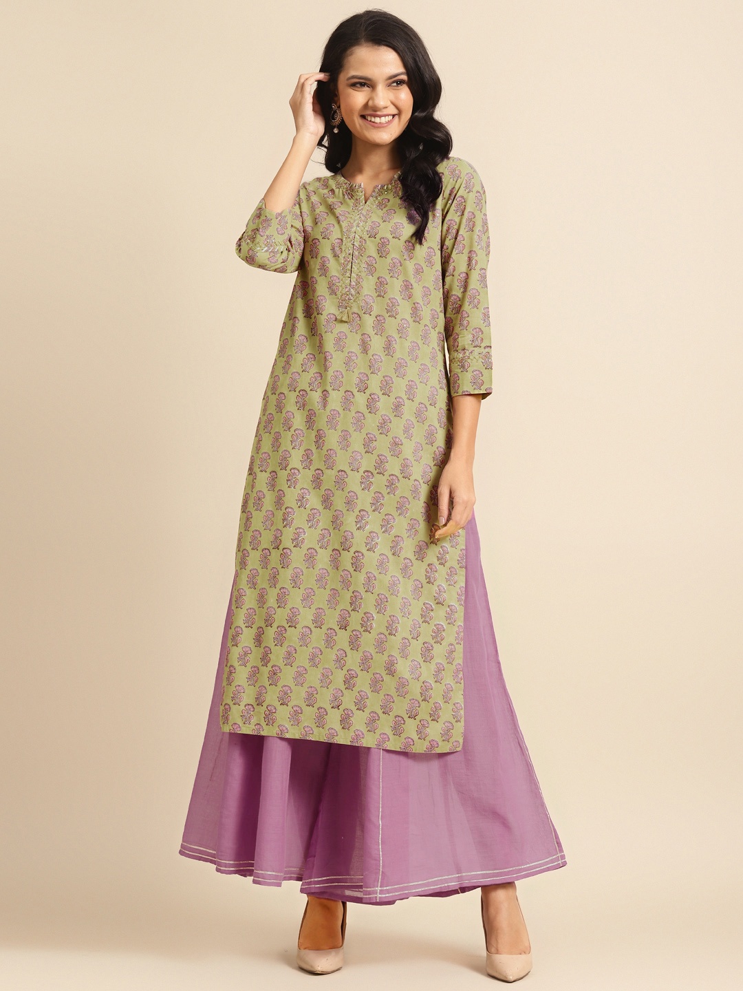

Prakrti Women Green & Purple Hand Block Print Kurta with Palazzos