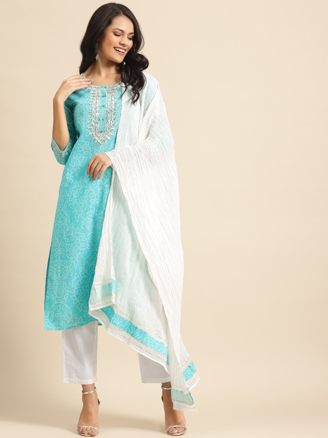 

Prakrti Women Blue & White Printed Kurta with Trousers & Dupatta