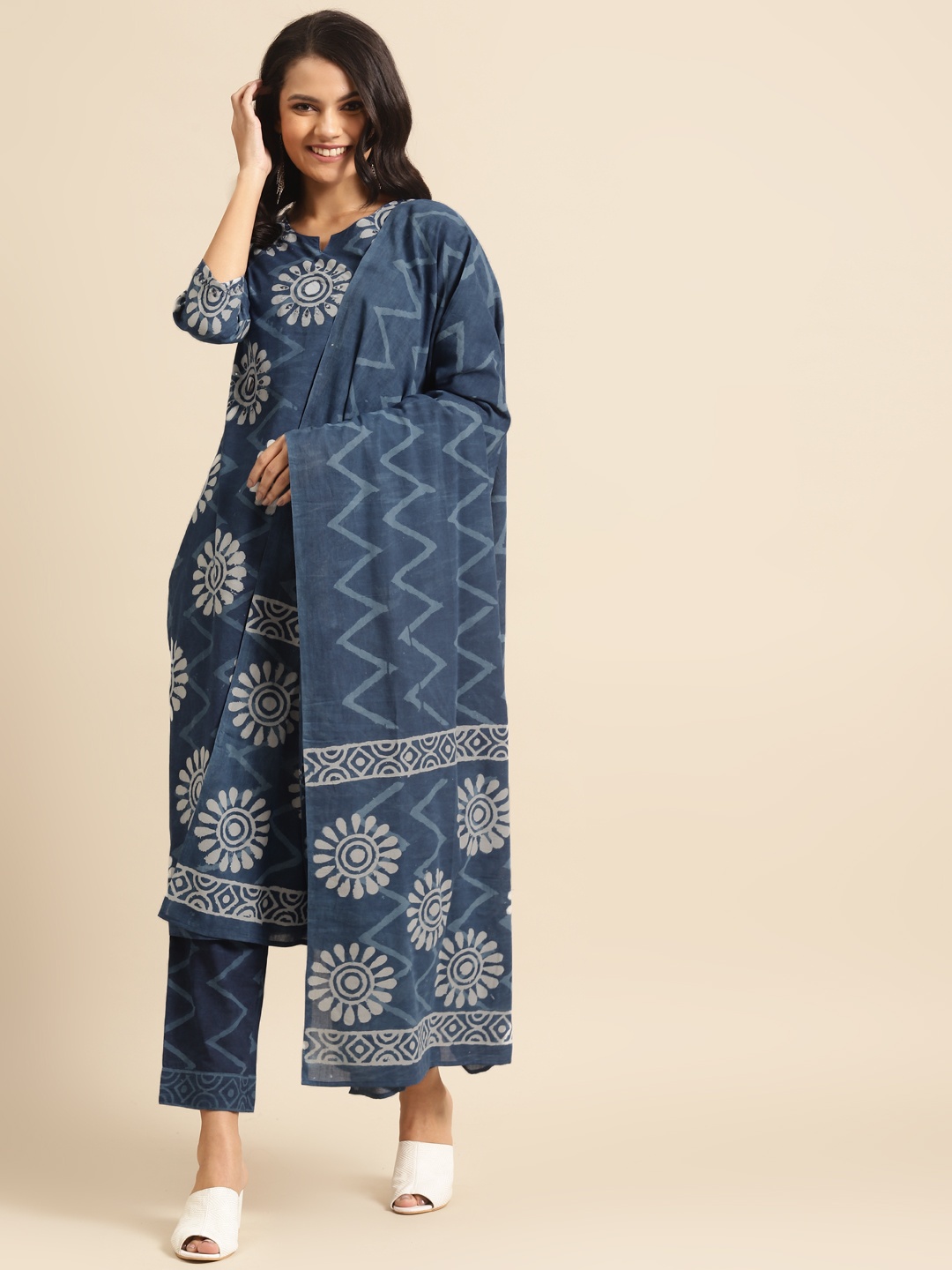 

Prakrti Women Navy Blue & Off-White Dabu Hand Block Print Kurta with Trousers & Dupatta
