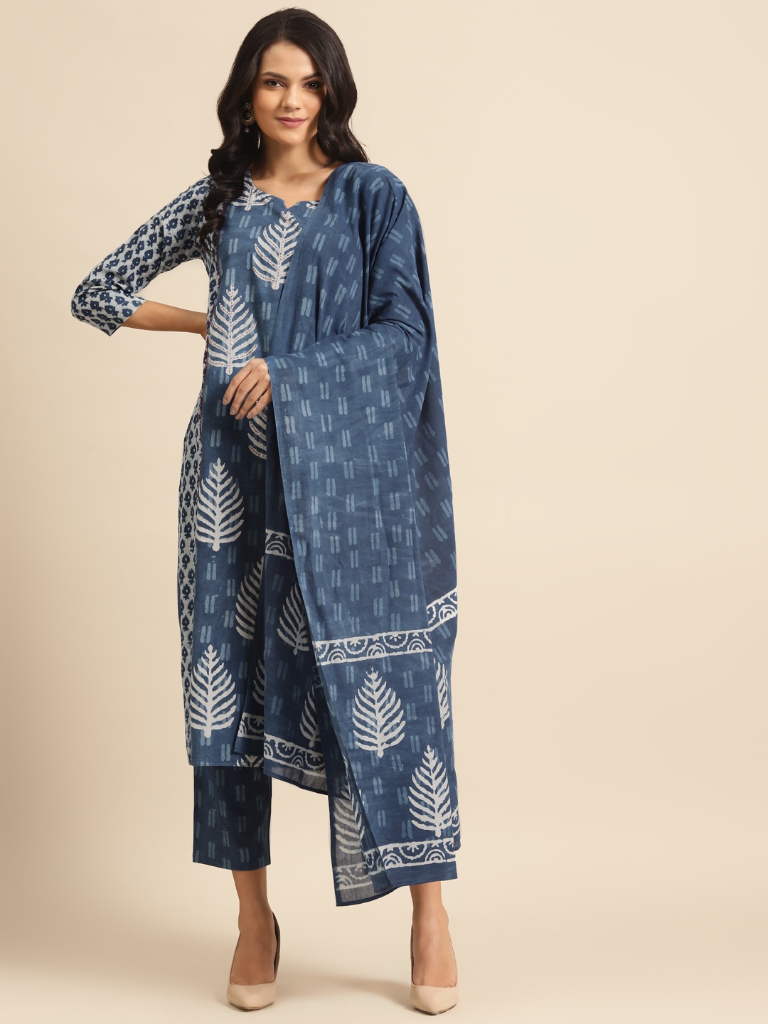 

Prakrti Women Navy Blue & White Dabu Hand Block Print Kurta with Trousers & Dupatta