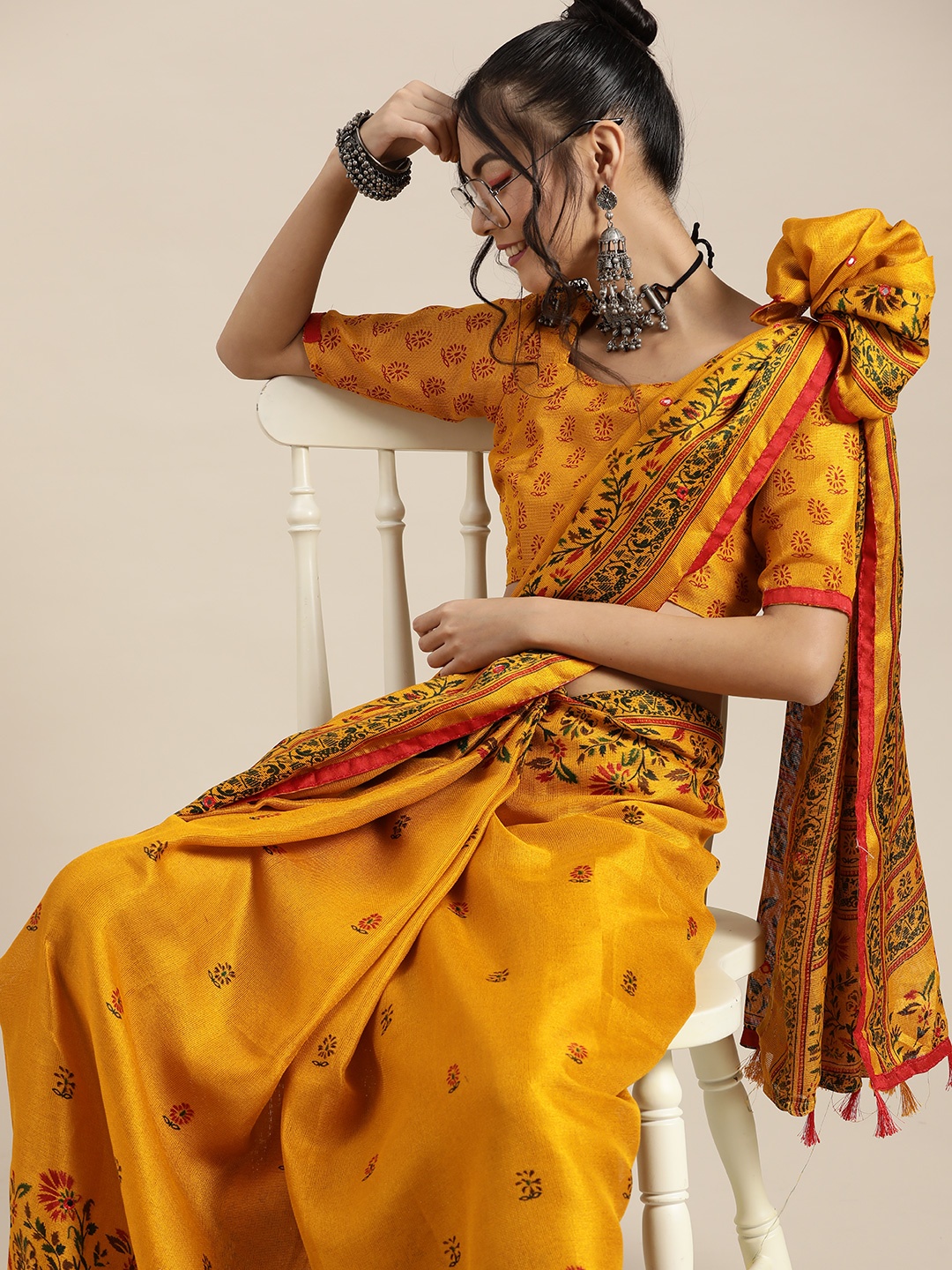 

Saree mall Mustard Yellow & Red Floral Block Print Saree with Mirror Work