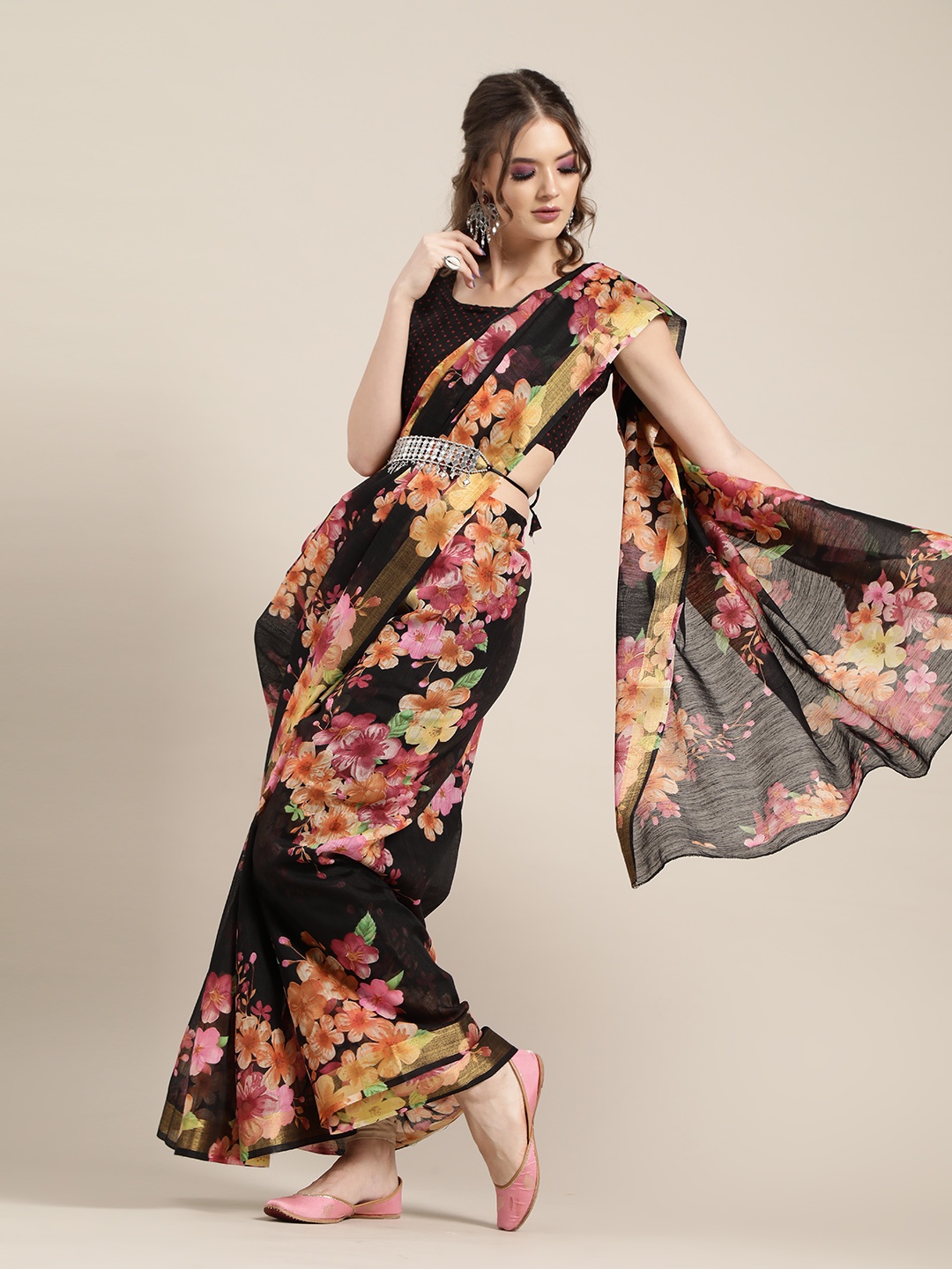 

Saree mall Black & Yellow Linen Blend Printed Saree
