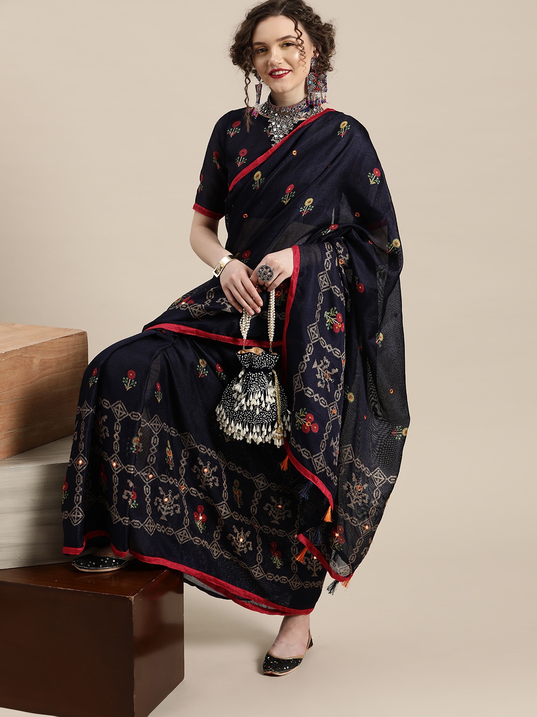 

Saree mall Navy Blue & Beige Floral Block Print Saree