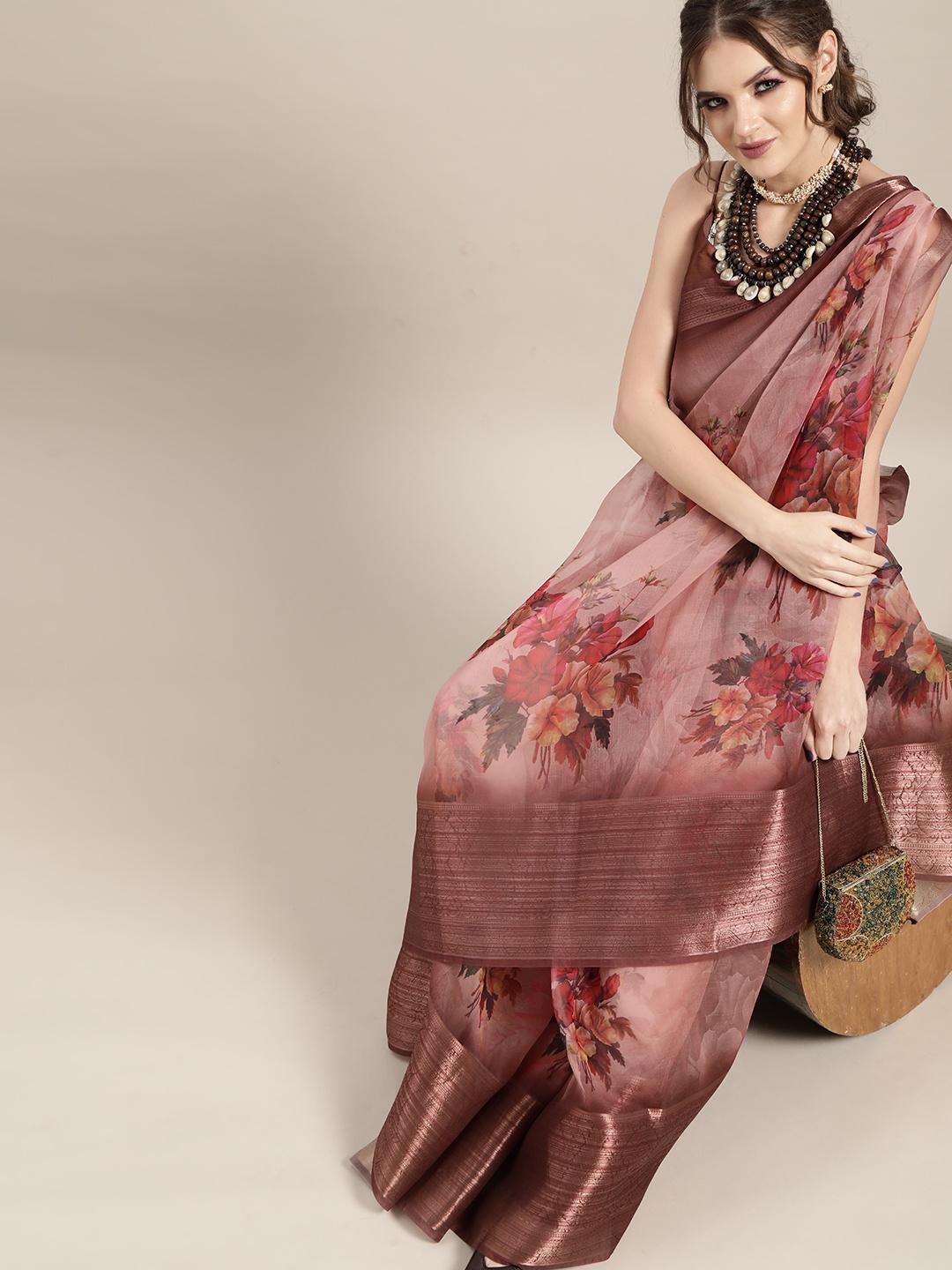 

Saree mall Mauve & Red Organza Block Print Saree