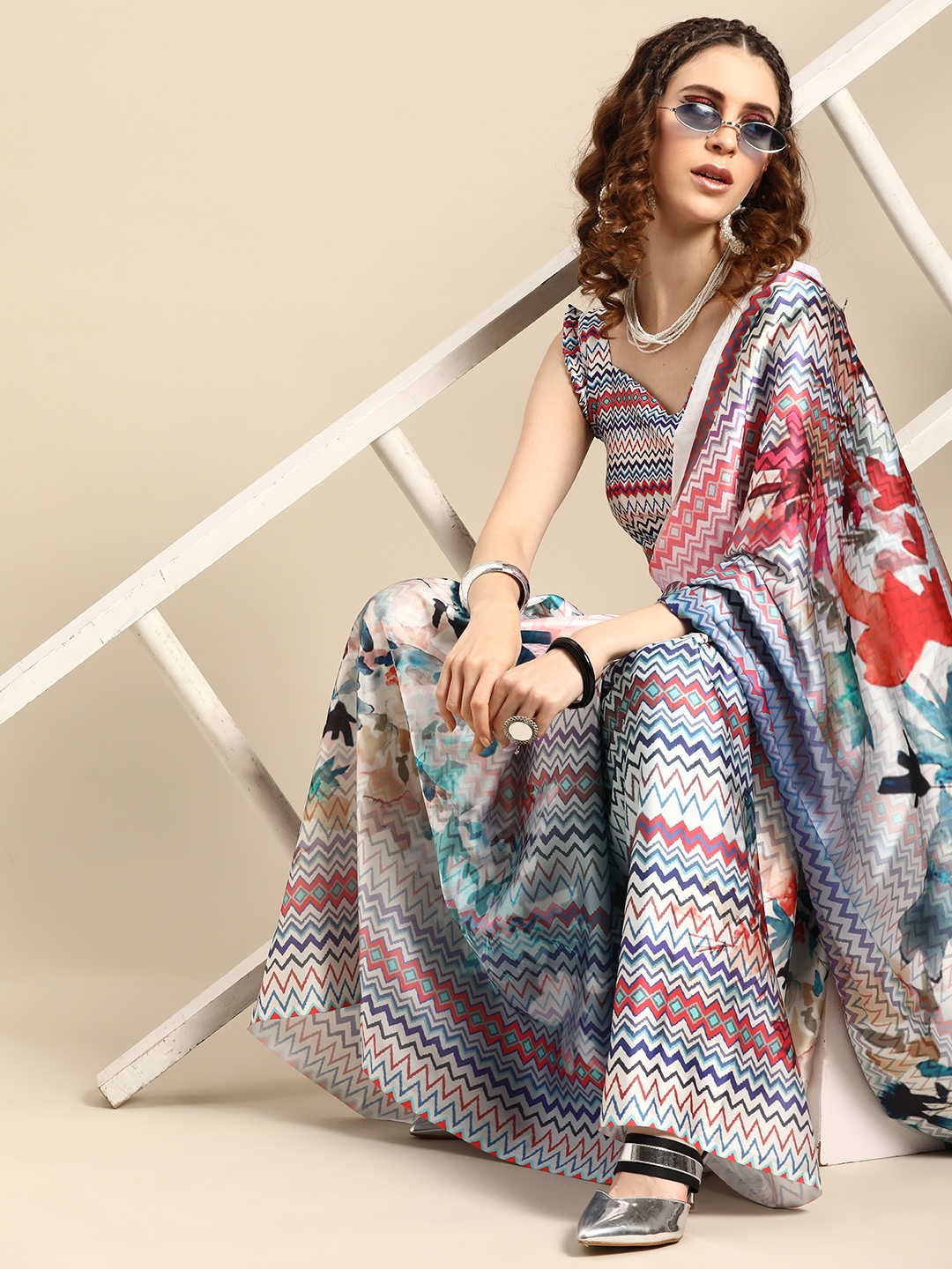 

Saree mall Off-White & Blue Satin Floral Print Saree