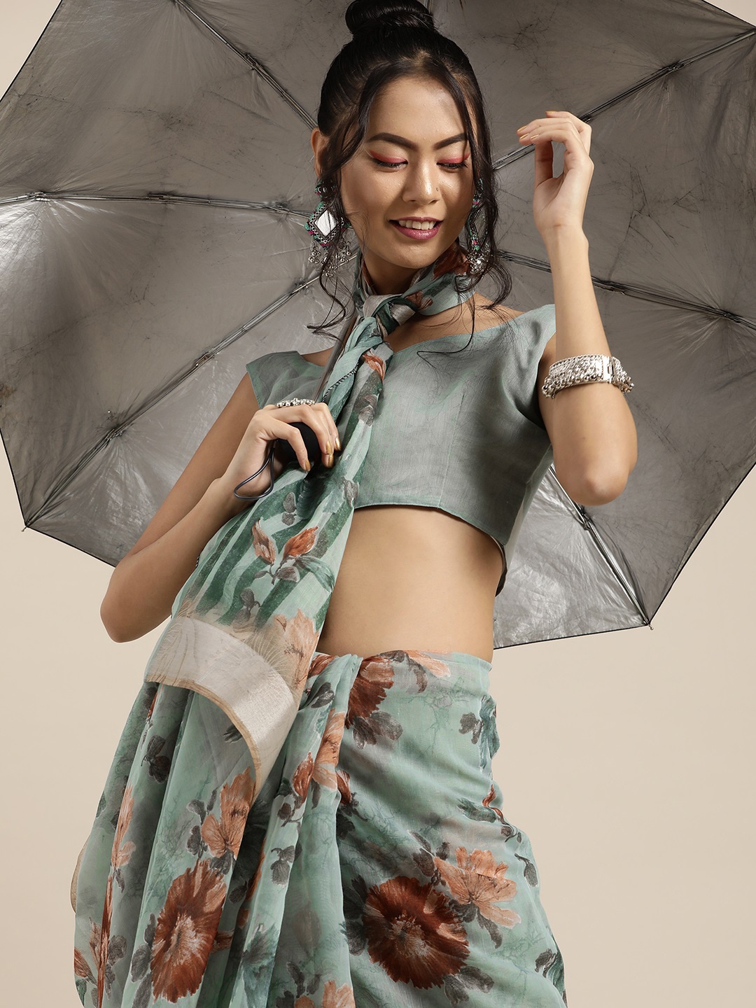 

Saree mall Sea Green & Orange Printed Saree