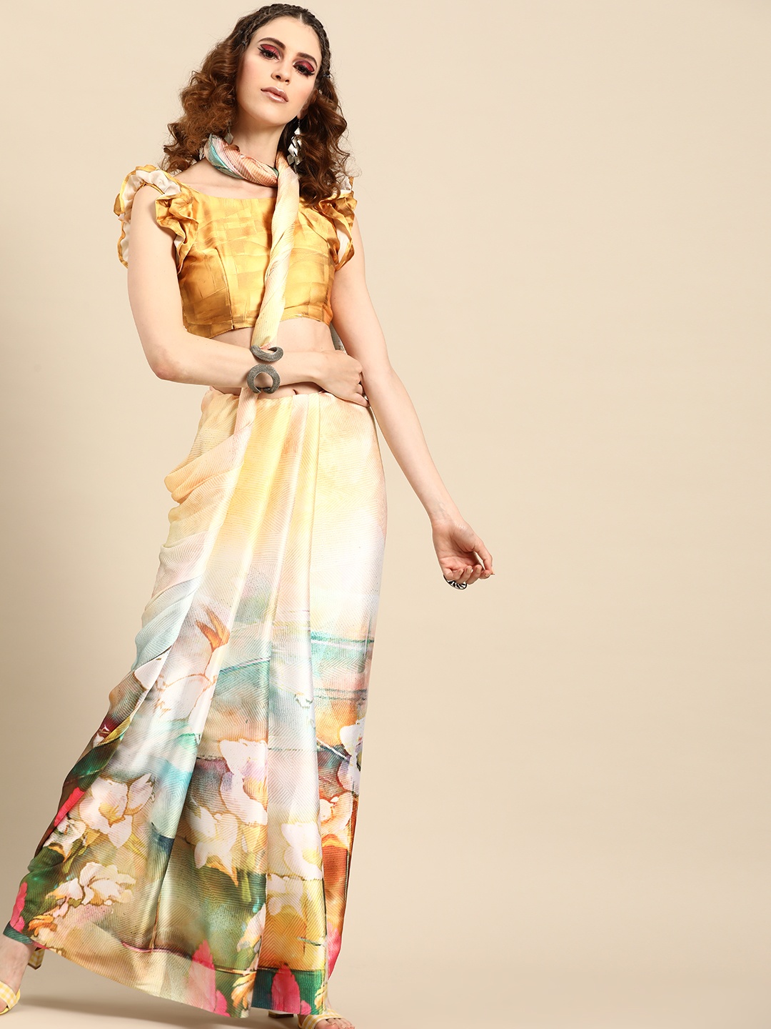 

Saree mall Yellow & Green Satin Floral Print Saree