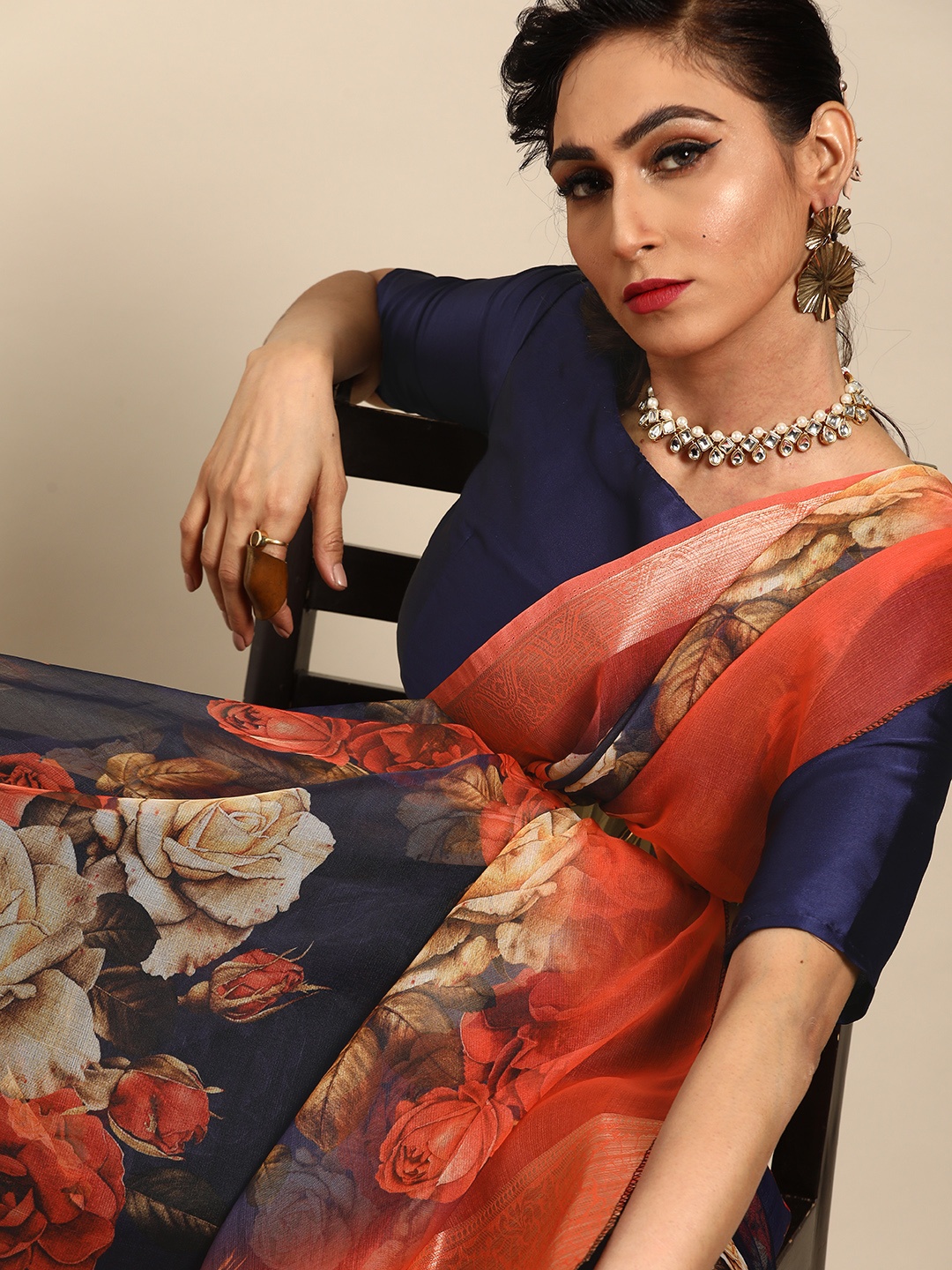 

Saree mall Navy Blue & Red Satin Printed Saree