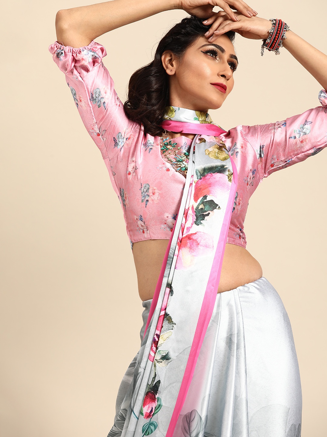 

Saree mall Grey & Pink Satin Printed Block Print Saree
