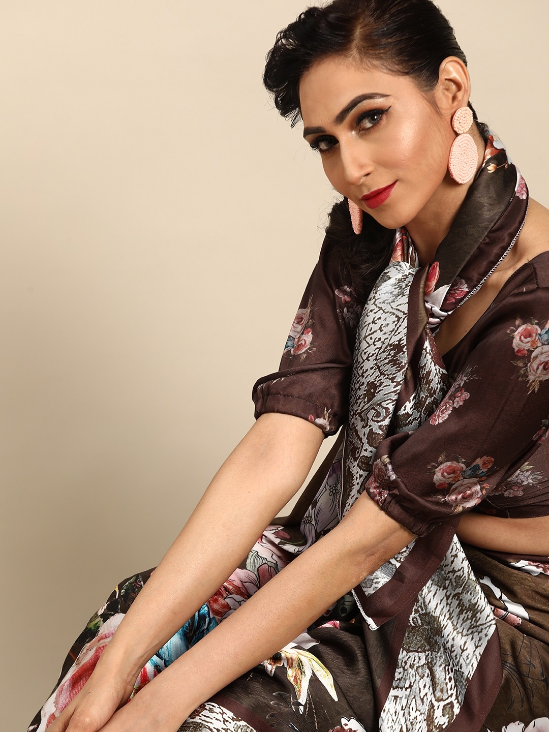 

Saree mall Brown & White Satin Printed Saree