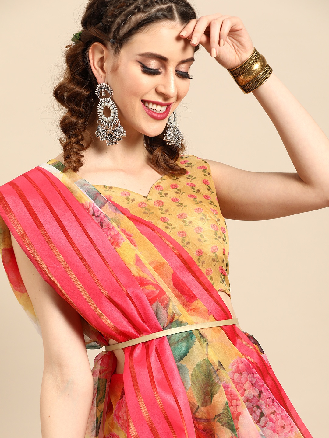

Saree mall Mustard Yellow & Pink Organza Floral Printed Saree