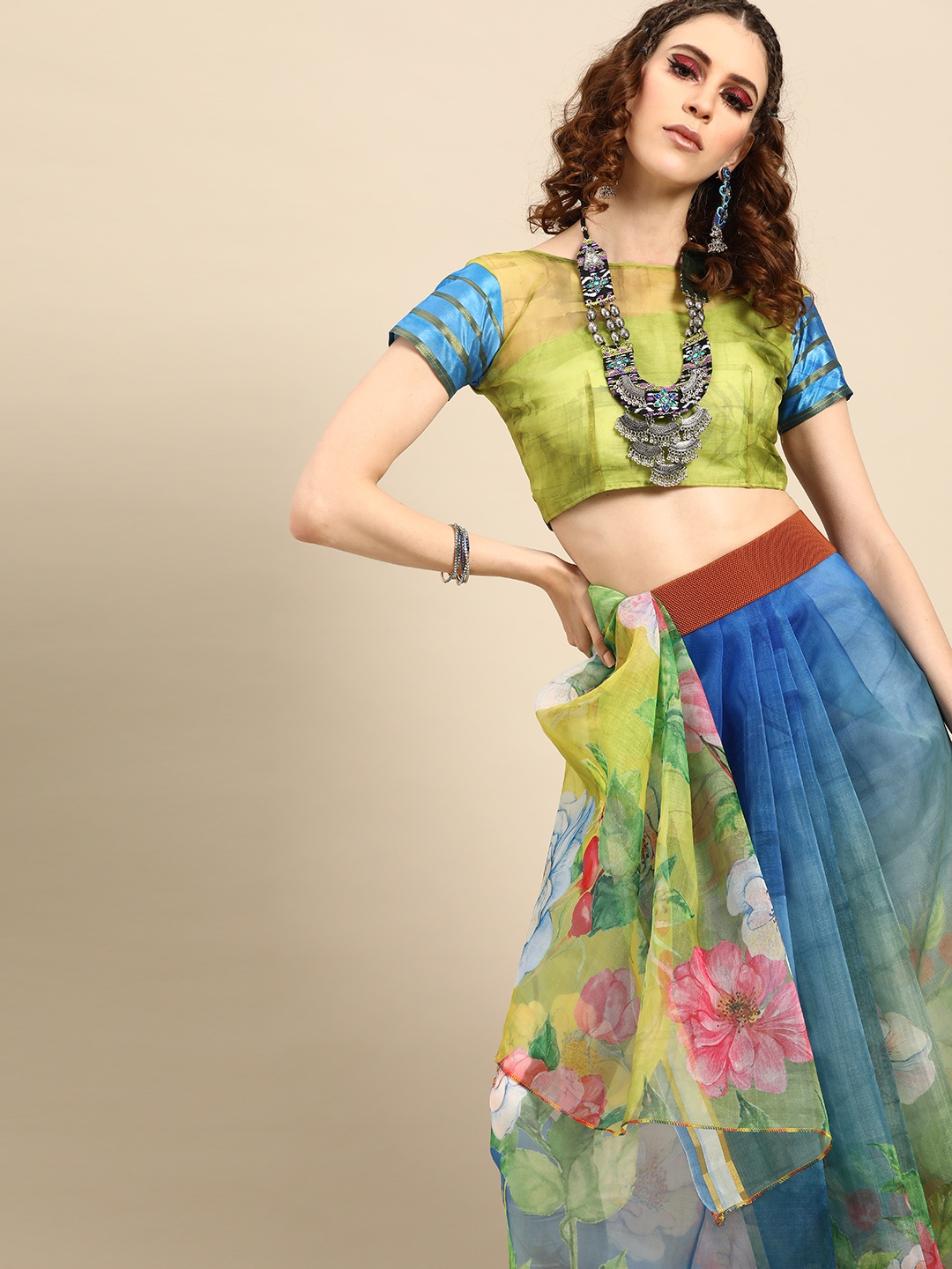 

Saree mall Blue & Green Organza Floral Print Saree
