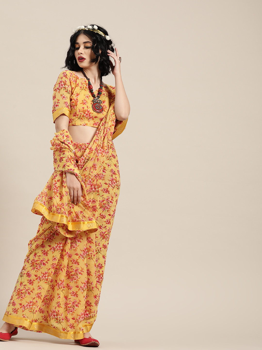 

Saree mall Yellow & Red Printed Bagru Saree