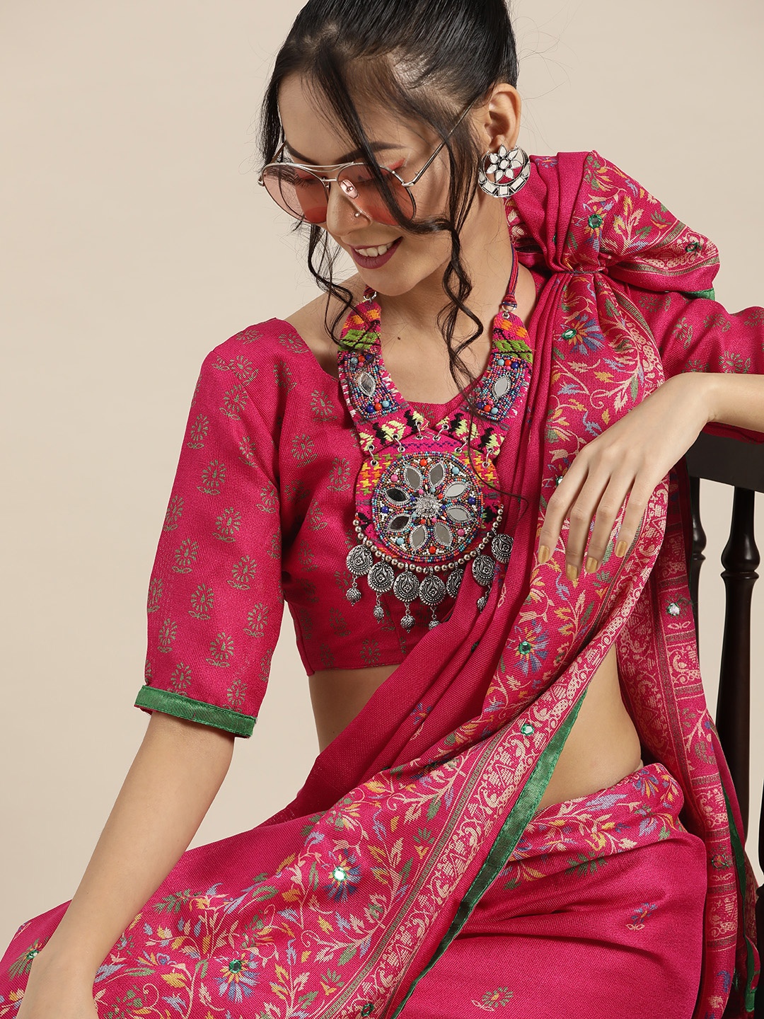 

Saree mall Pink & Blue Mirror Work Block Print Saree