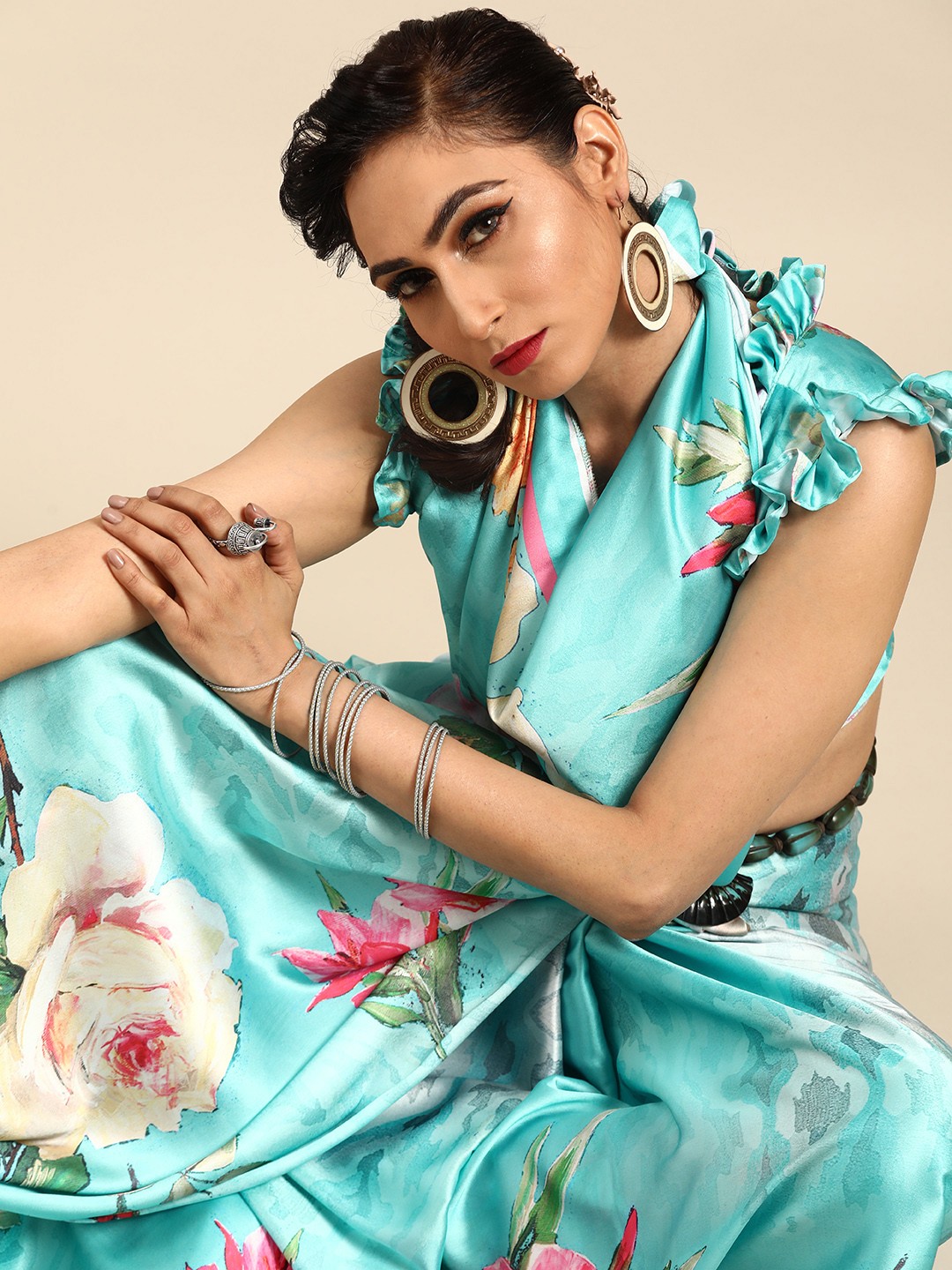 

Saree mall Blue & Pink Satin Printed Saree