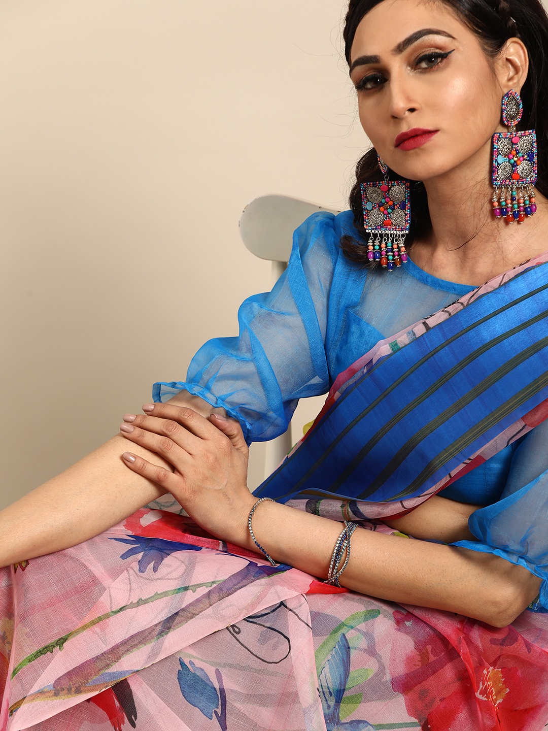 

Saree mall Pink & Blue Organza Floral Printed Saree