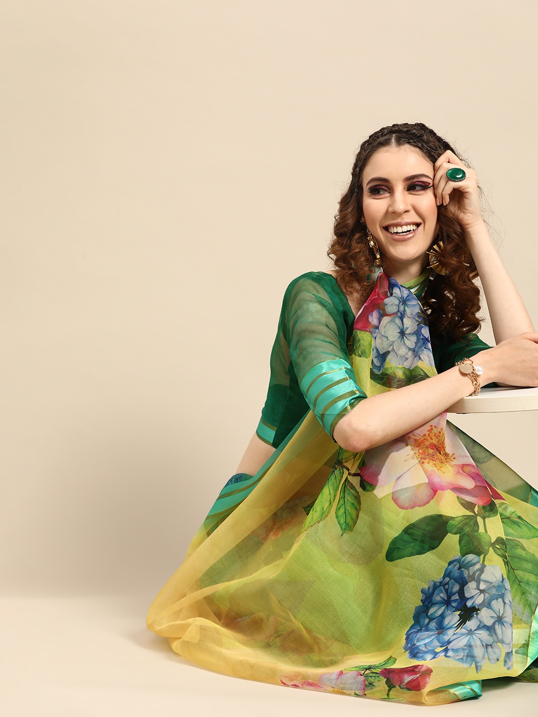 

Saree mall Green & Yellow Floral Print Saree