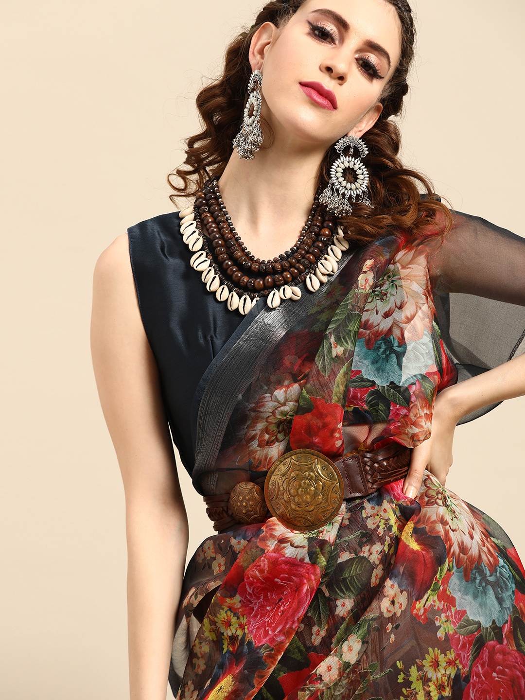 

Saree mall Brown & Red Satin Floral Print Saree