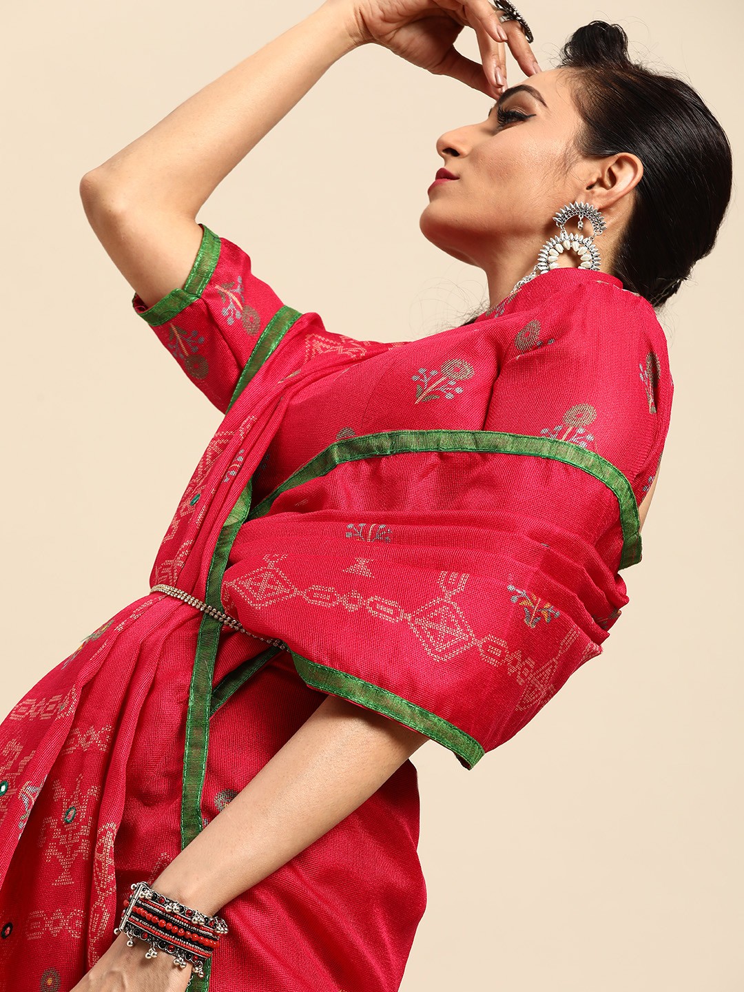 

Saree mall Pink & Green Mirror Work Block Print Saree