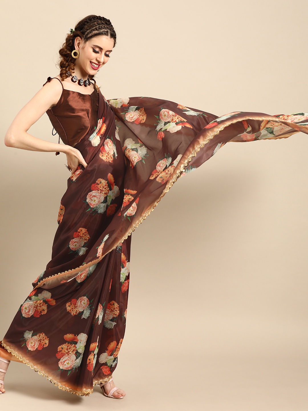 

Saree mall Brown & Cream-Coloured Satin Finish Floral Block Print Saree