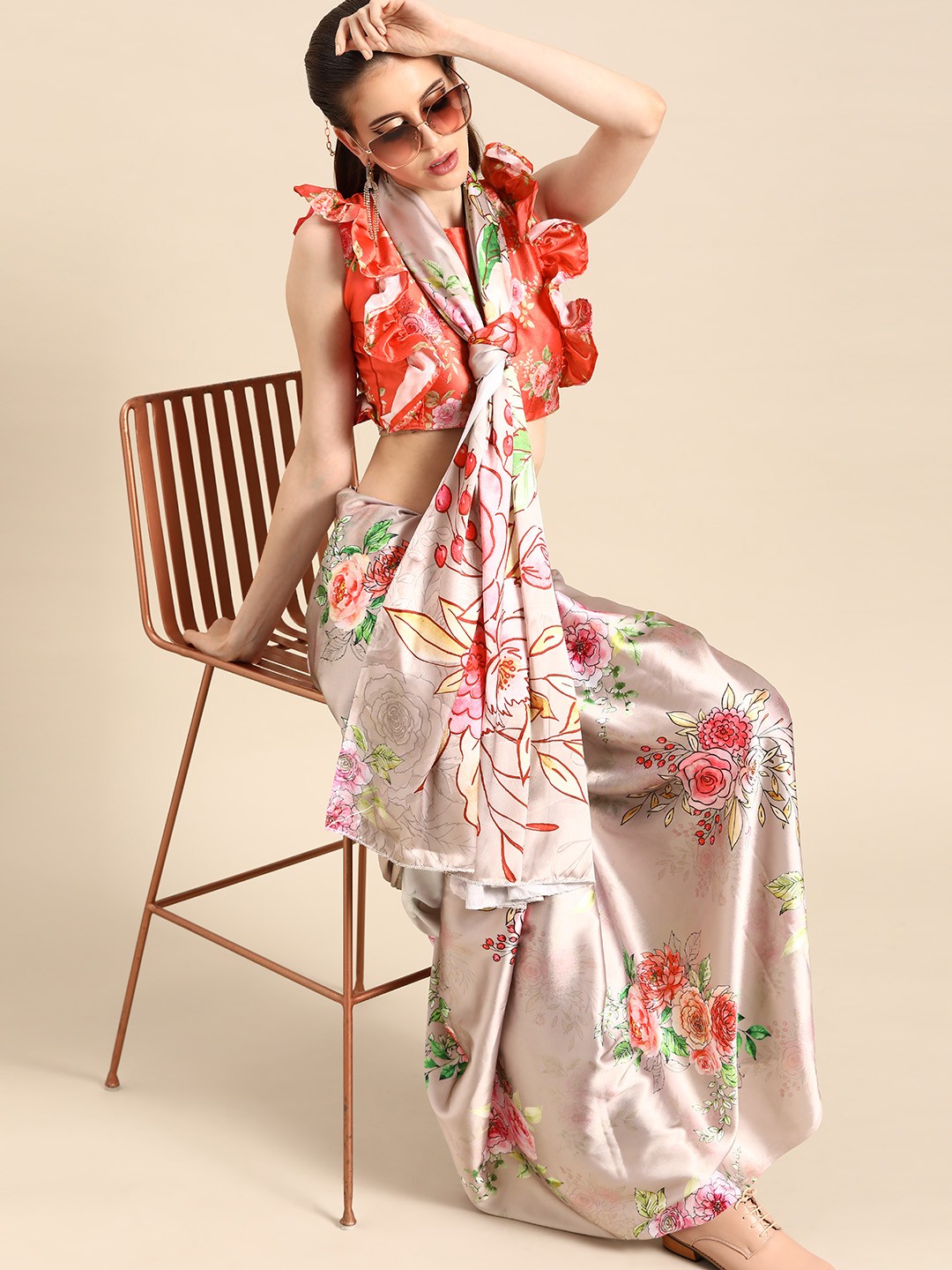 

Saree mall Beige & Red Satin Finish Floral Printed Saree