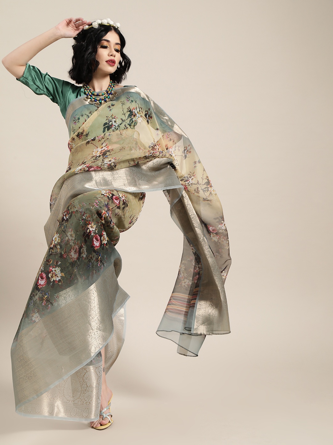 

Saree mall Beige & Green Satin Printed Saree