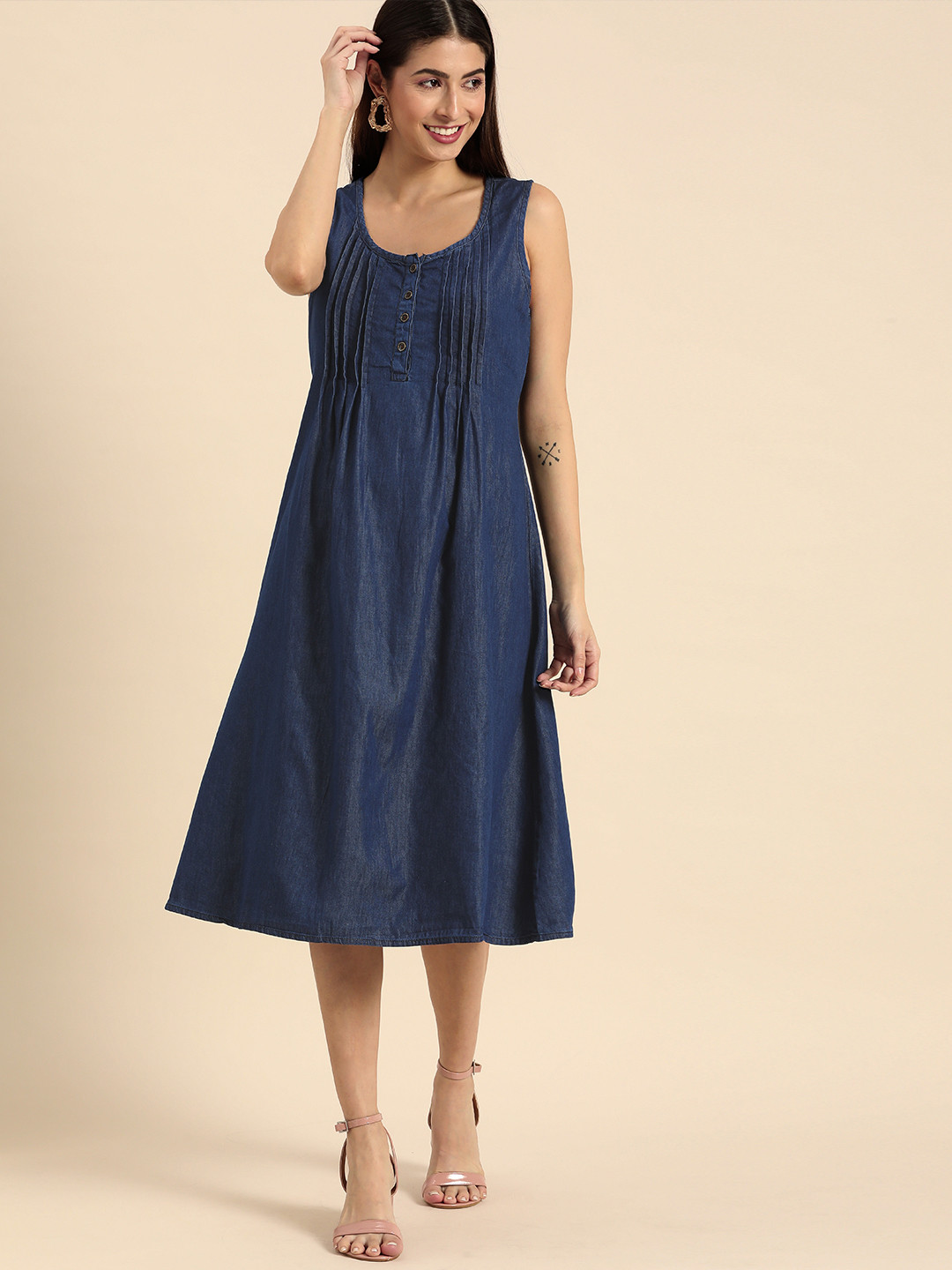 

all about you Blue Denim A-Line Midi Dress