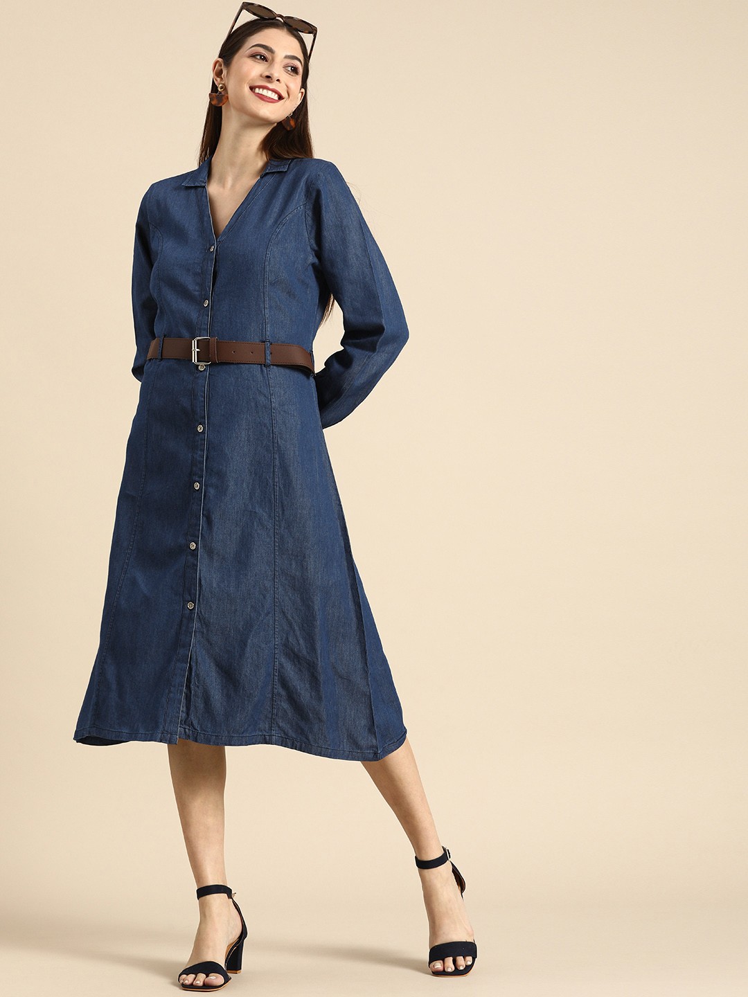 

all about you Navy Blue Shirt Midi Dress With Belt