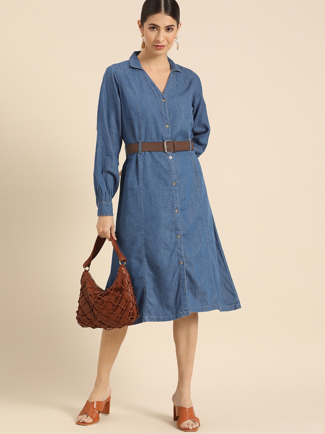 

all about you Blue Denim A-Line Midi Dress