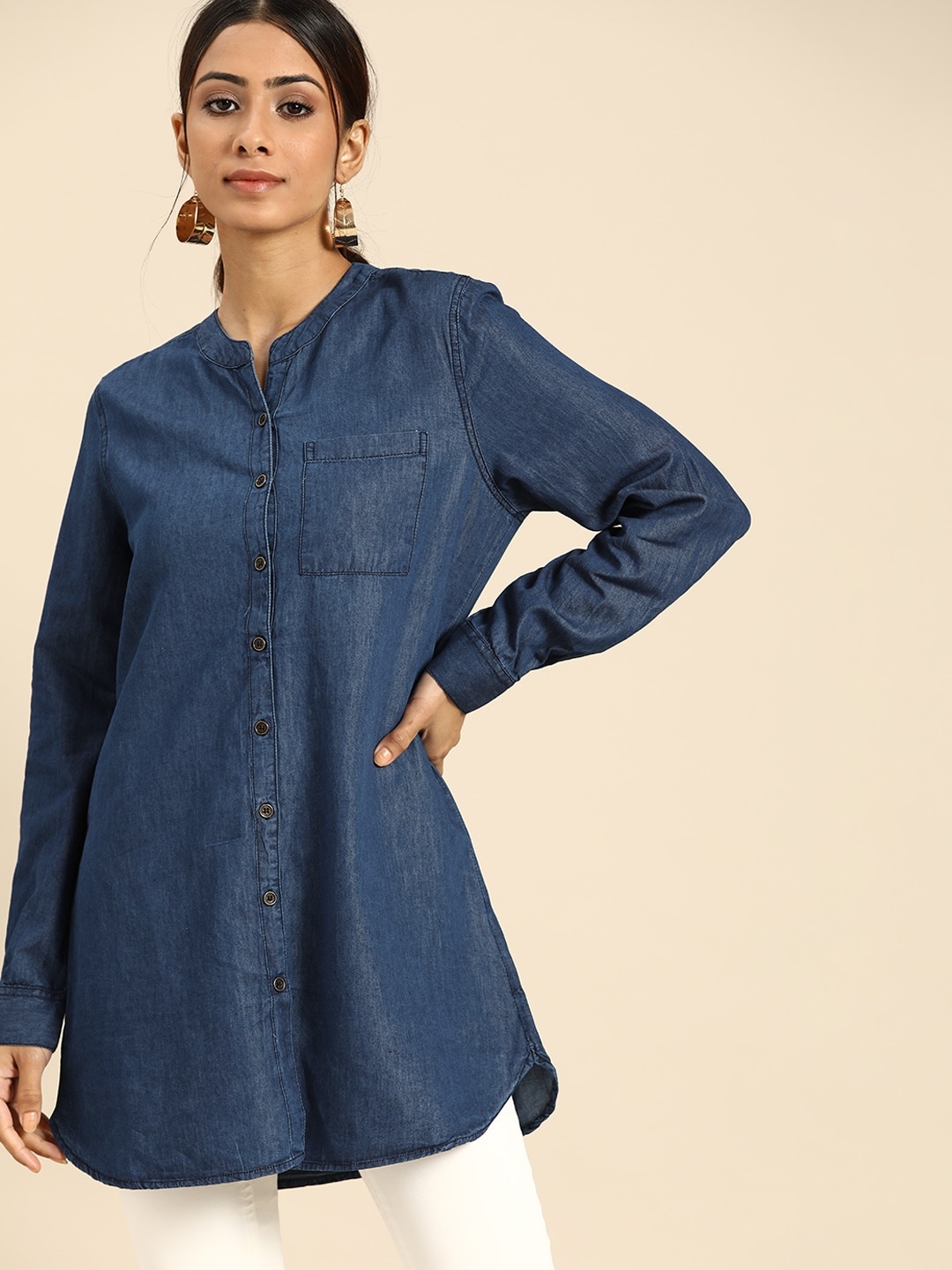 

all about you Women Navy Blue Solid Mandarin Collar A-Line Top