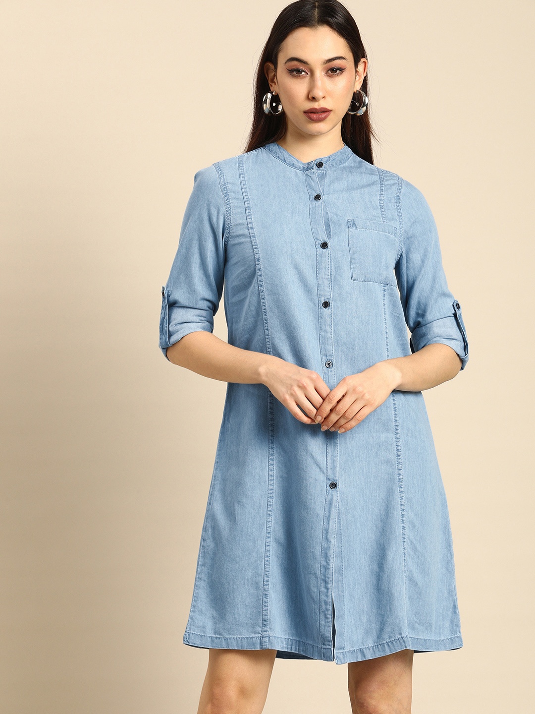 

all about you Blue Shirt Roll-Up Sleeved Dress