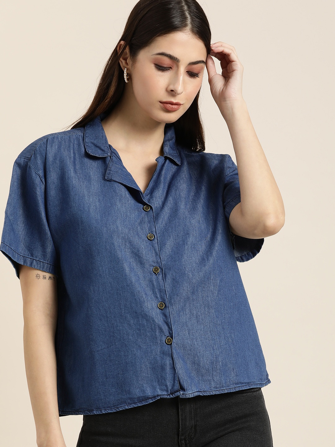

all about you Women Navy Blue Opaque Solid Casual Chambray Shirt