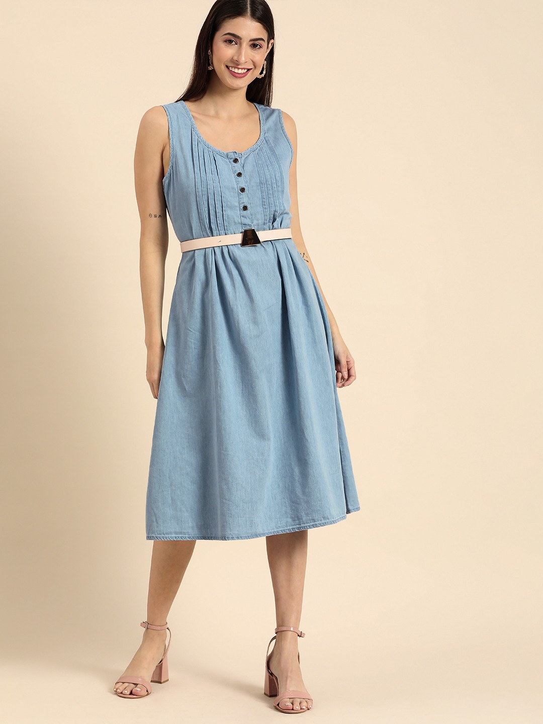 

all about you Blue Denim A-Line Midi Dress