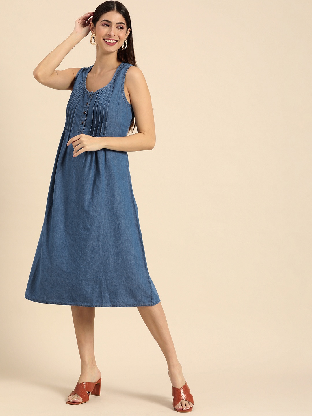 

all about you Blue Denim A-Line Midi Dress