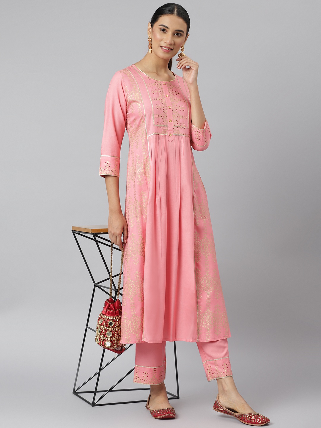 

Khushal K Women Pink & Gold-Toned Printed Kurta with Trousers
