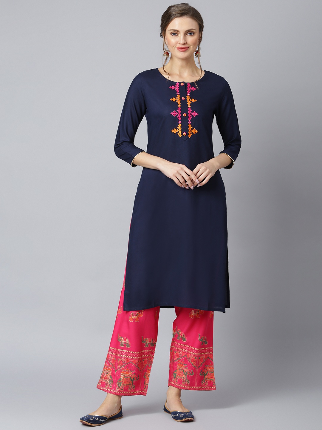 

Khushal K Women Navy Blue & Red Yoke Design Viscose Rayon Kurta with Palazzos