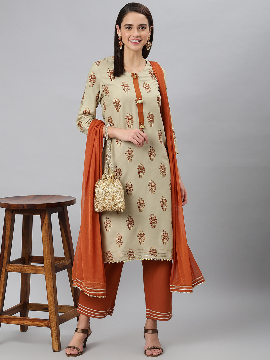 

Khushal K Women Taupe & Rust Red Printed Kurta with Trousers & Dupatta