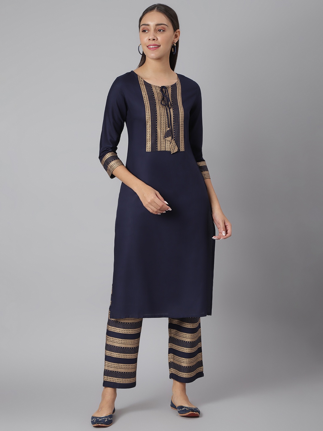 

Khushal K Women Navy Blue & Gold-Toned Solid Kurta with Palazzo