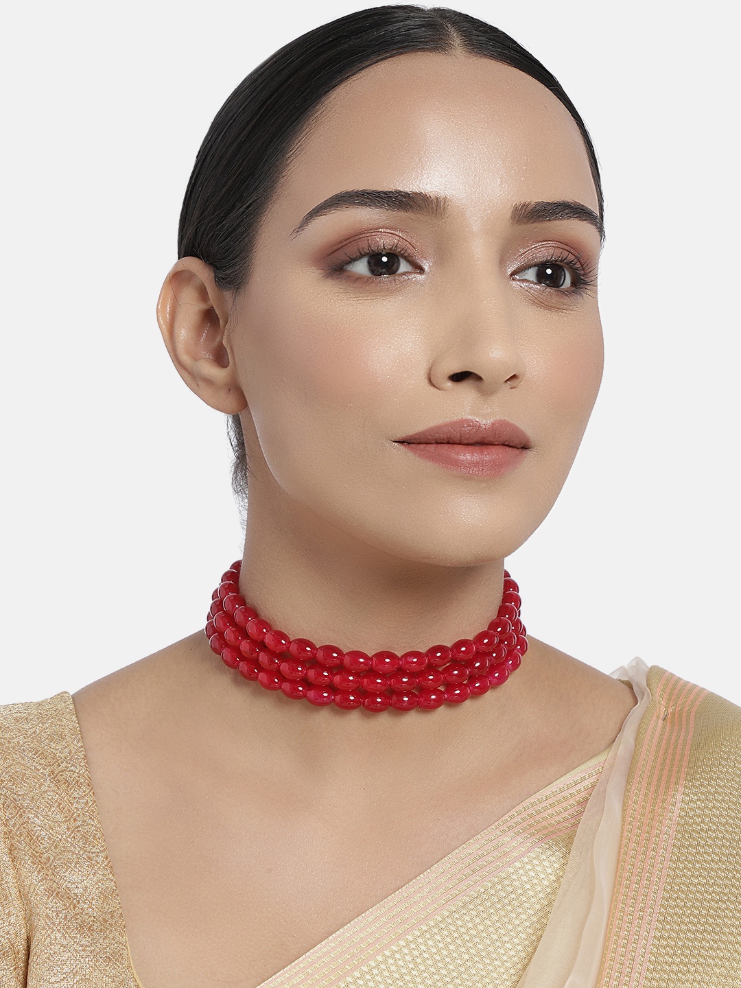 

I Jewels Red & Gold-Plated 3 Layered Handcrafted Choker Necklace