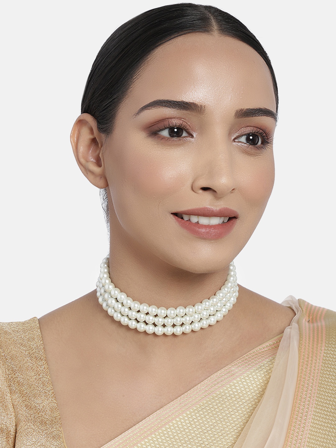 

I Jewels White & Gold-Plated 3 Layer Handcrafted Choker Necklace