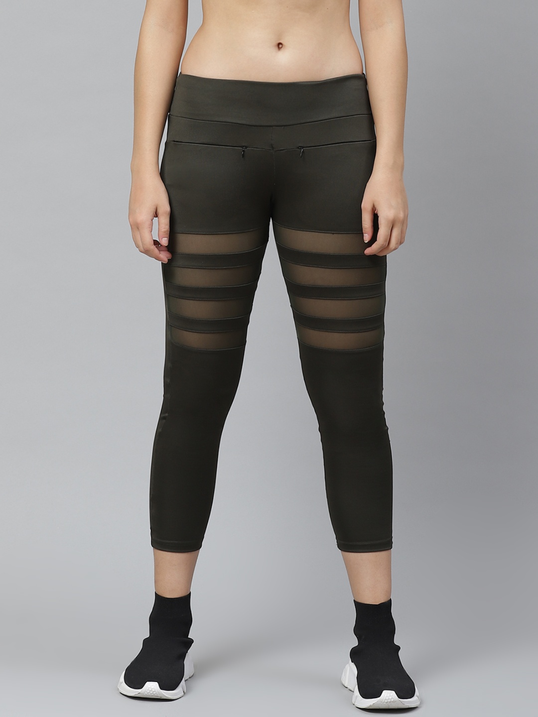 

PICOT Women Olive Green Solid Cropped Tights with Mesh Detail