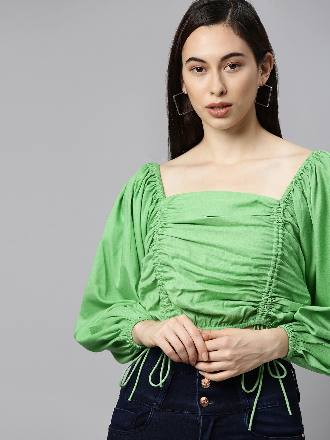 

The Dry State Deep Green Solid Ruched Crop Top