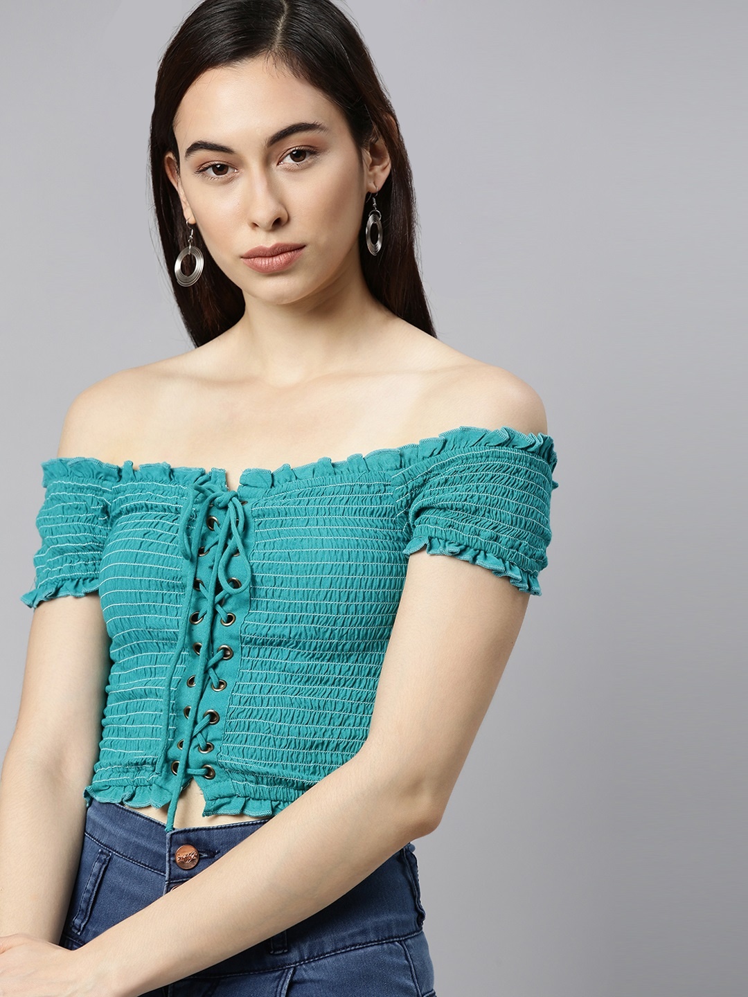 

The Dry State Blue Solid Smocked Crop Top