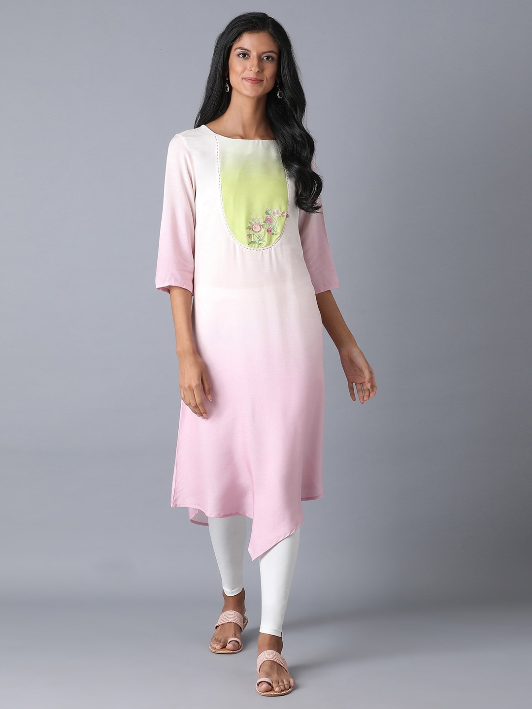 

W Women Pink & Yellow Floral Embroidered Thread Work Boat Neck Kurta