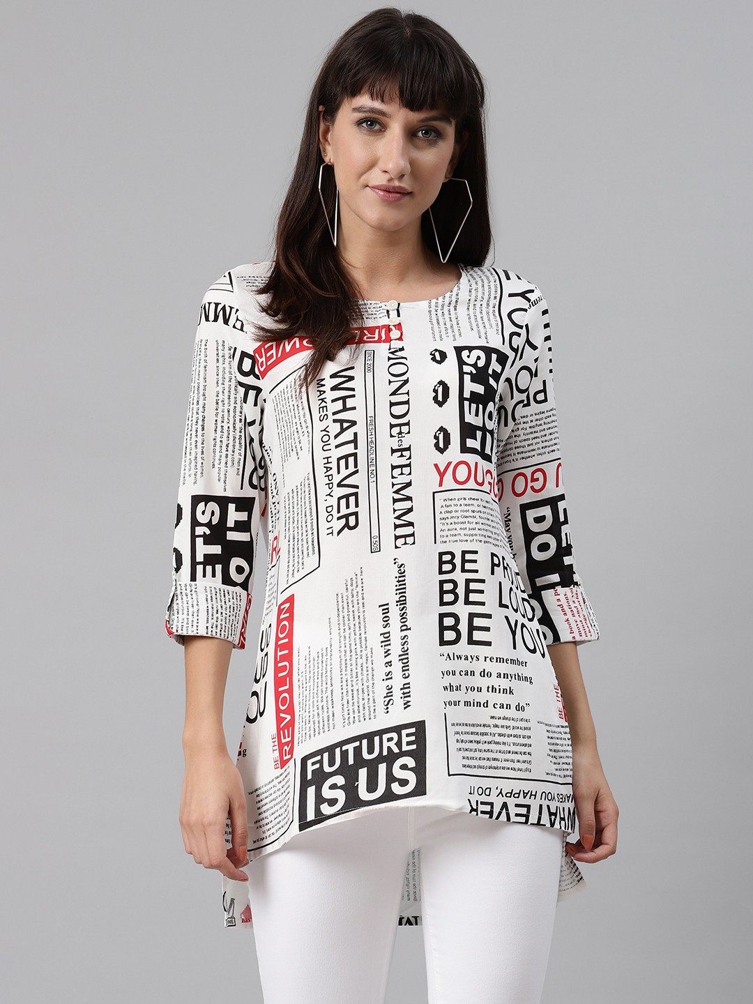 

MISRI White & Black Newspaper Print Roll-Up Sleeves High-Low Top