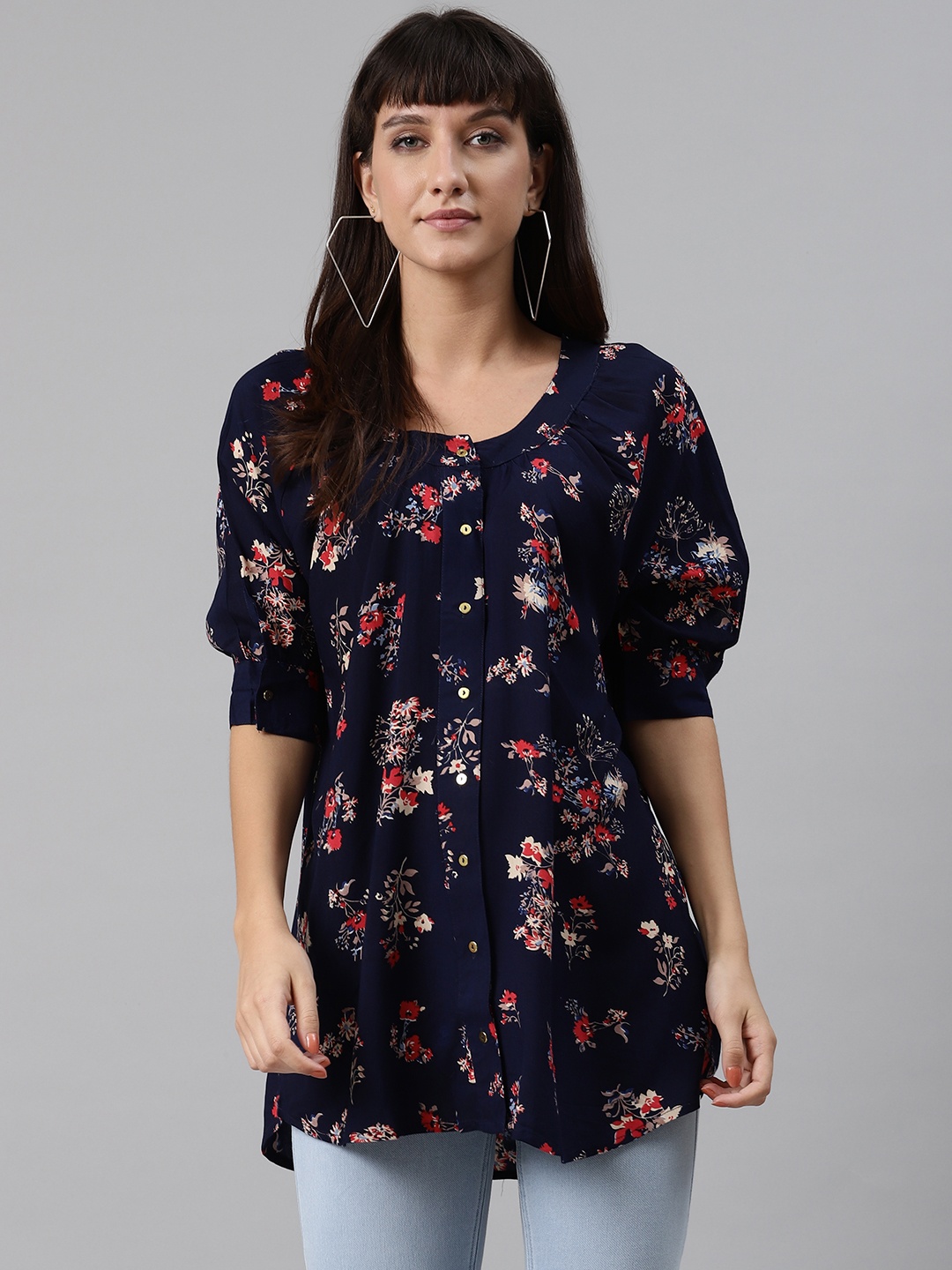 

MISRI Navy Blue & Red Floral Printed Shirt Style Longline Top