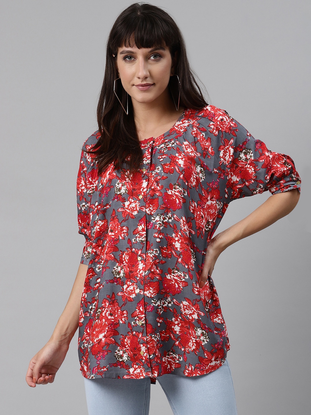 

MISRI Grey & Red Floral Printed Shirt Style Top